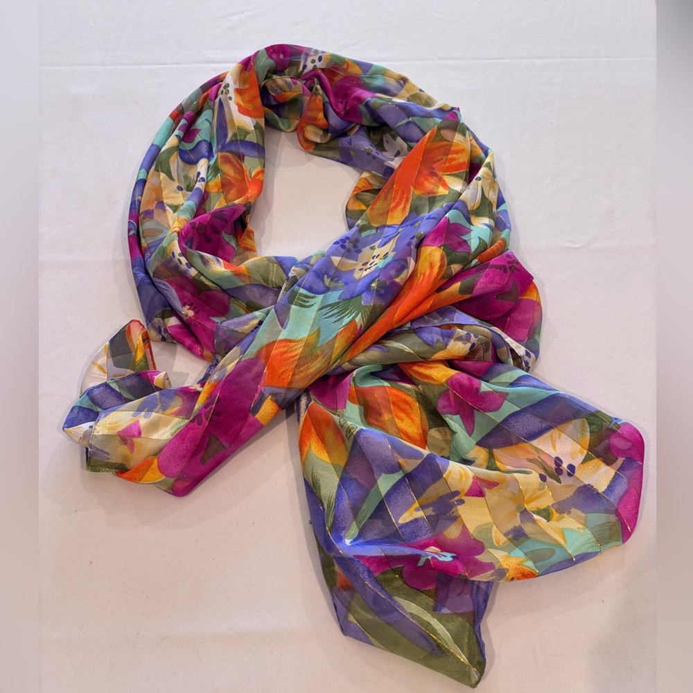 Vintage Colorful Floral Chiffon Shawl